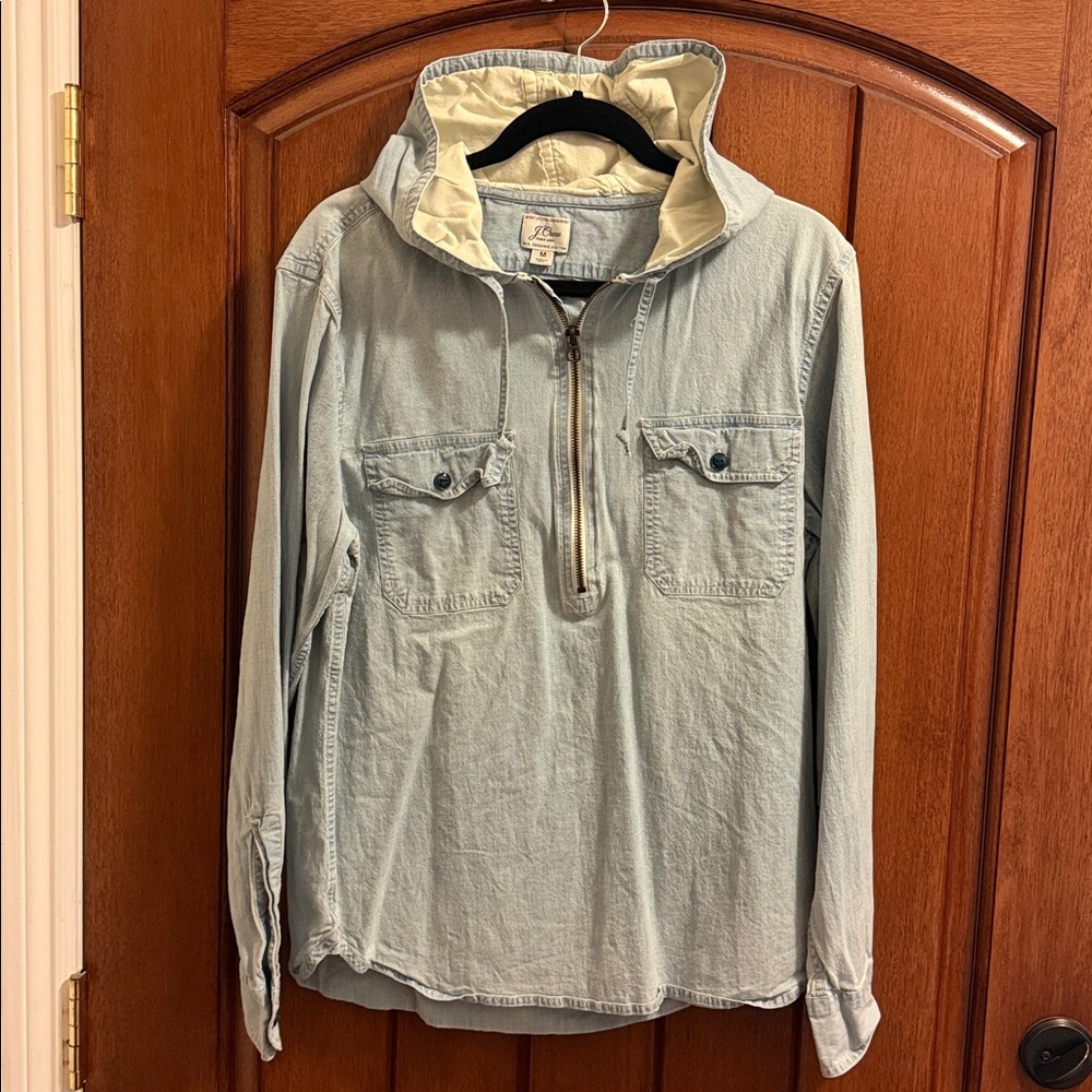 J. Crew Organic Cotton Chambray Lightweight Pullover Hoodie Mens Medium